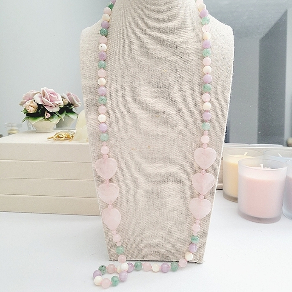 Beaded quartz heart long necklace